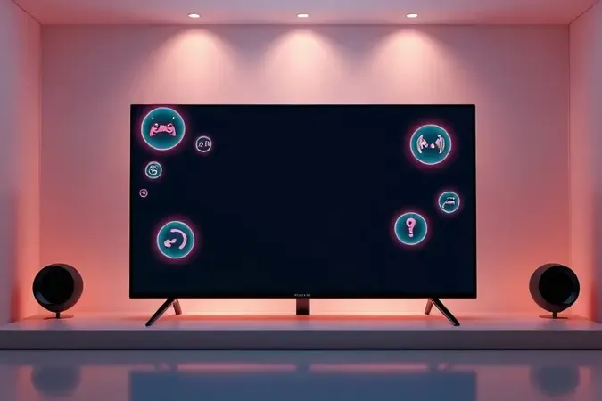 Conceito 3D de TV exibindo ícones abstratos que representam características essenciais para jogos como velocidade e qualidade de imagem.