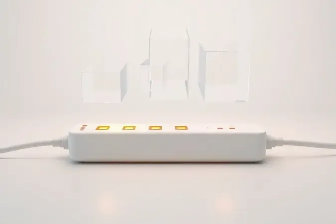 Representação conceitual 3D da capacidade de carga elétrica com extensão de tomada e formas geométricas abstratas flutuantes
