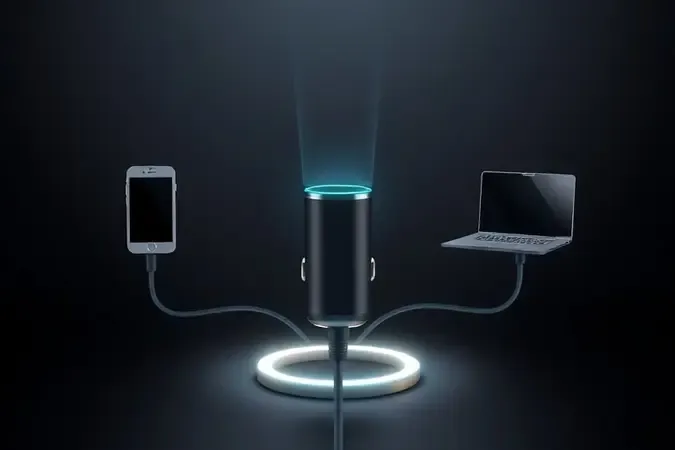 Composição conceitual 3D de carregador veicular USB-C conectado a silhuetas de celular, tablet e notebook.