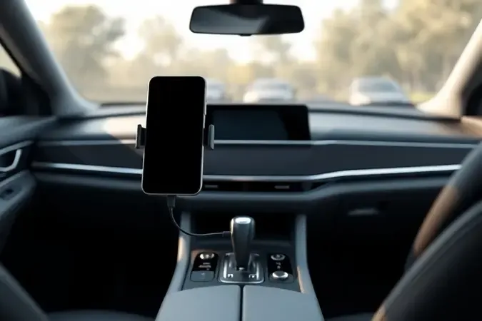Render 3D de interior automotivo moderno com suporte de carregamento sem fio fixado no painel e smartphone em carregamento.