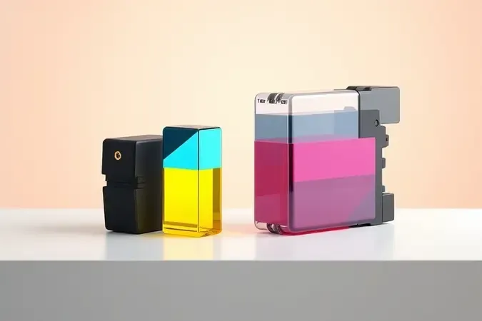 Render 3D conceitual comparando sistema de cartucho e tanque de tinta com foco em economia e volume.