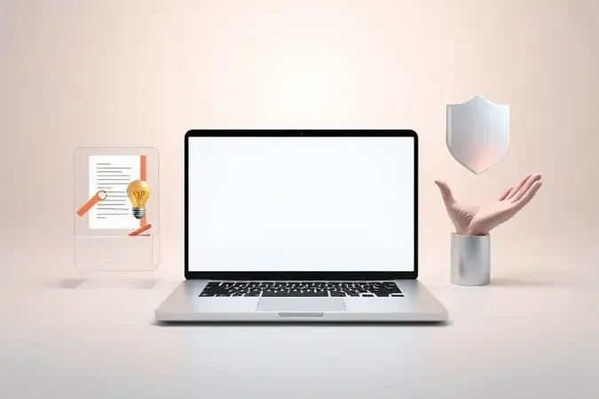 Conceito 3D de notebook rodeado por formas geométricas abstratas representando diferentes usos e funcionalidades.