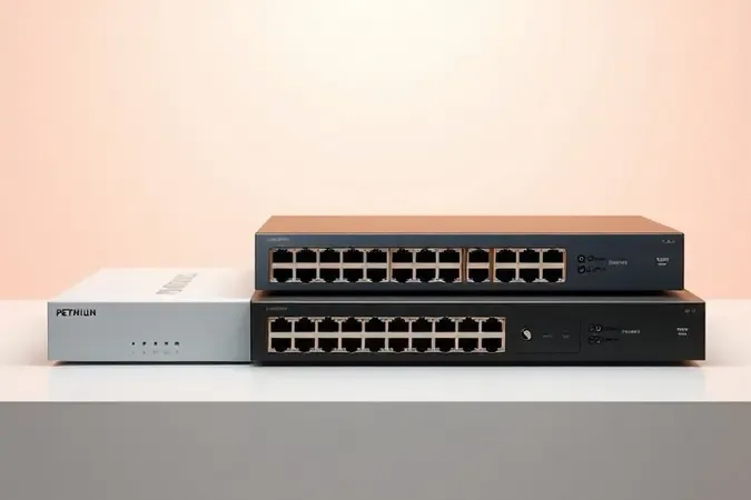 Renderização 3D conceitual de três categorias de switches de rede gerenciável inteligente e não gerenciável em composição minimalista