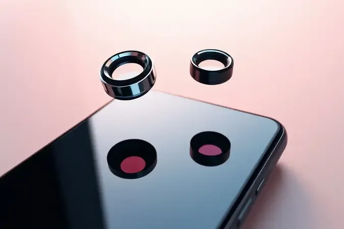Renderização 3D de smartphone com elementos abstratos de lentes e raios de luz representando qualidade de câmera fotográfica