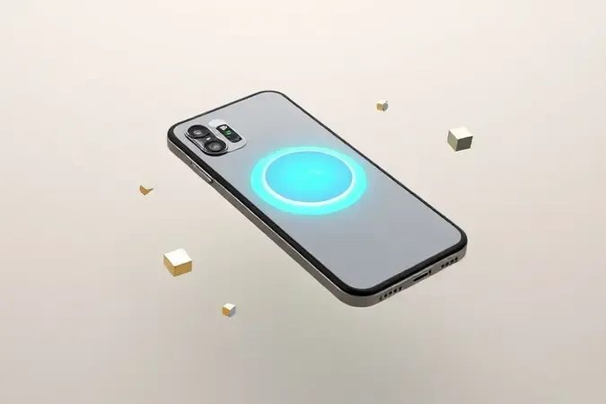 Render 3D de smartphone com interior transparente exibindo bateria e formas geométricas representando especificações técnicas