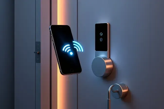 Render 3D conceitual de celular sendo usado como chave digital para controle de fechadura inteligente via NFC.