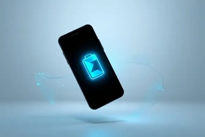 Conceito 3D abstrato de smartphone com representação visual de bateria de longa duração e eficiência energética.