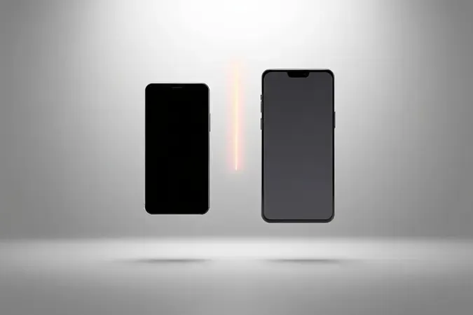 Render 3D conceitual comparando silhuetas de smartphone compacto e grande lado a lado em composição minimalista equilibrada.