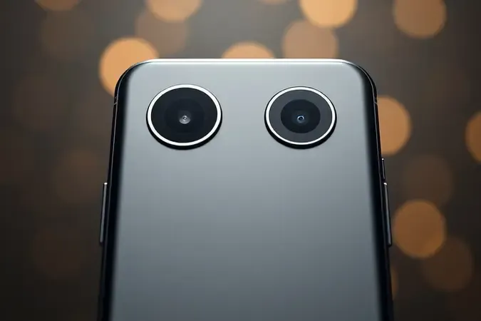 Render conceitual 3D de smartphone com lentes de câmera estilizadas e feixes de luz representando qualidade fotográfica.