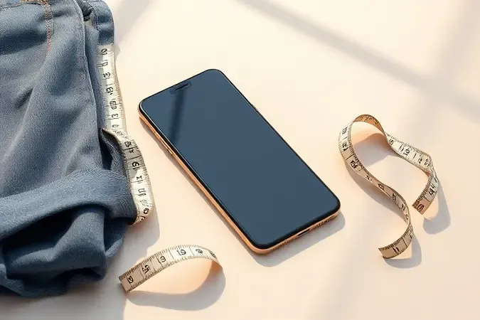 Celular com tela grande ao lado de tecido jeans e fita métrica ilustrando proporção e tamanho real.