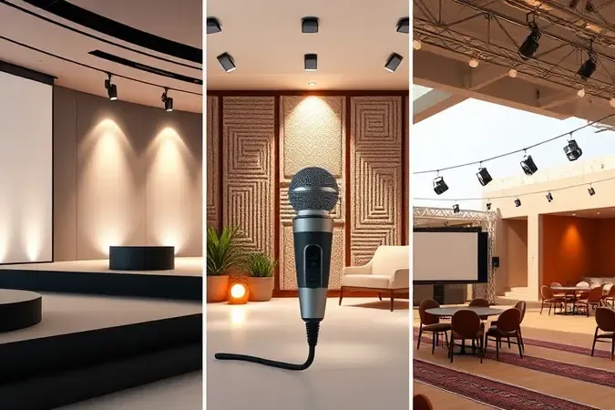 Renderização 3D conceitual de três cenários de uso para microfone sem fio: palestra, estúdio caseiro e evento ao ar livre.