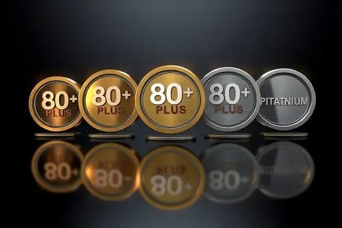 Renderização 3D conceitual com cinco elementos geométricos metálicos representando os níveis de certificação 80 Plus em ordem crescente de eficiência energética.