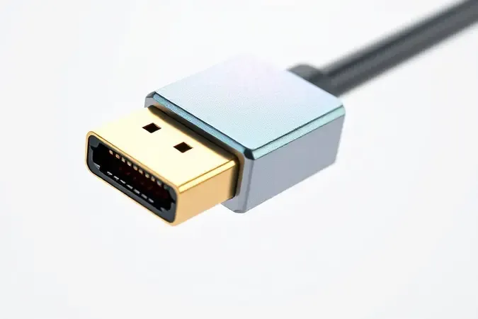 Close-up 3D de conector HDMI com efeito holográfico iridescente sob iluminação de inspeção profissional em fundo branco