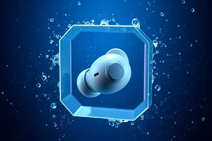Renderização 3D conceitual de fone de ouvido protegido contra água e poeira com gotículas e escudo translúcido representando certificação IP.