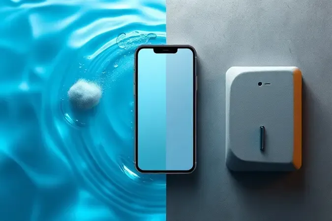 Renderização 3D de smartphone parcialmente submerso em água cristalina ao lado de formas geométricas representando testes de certificação de resistência.