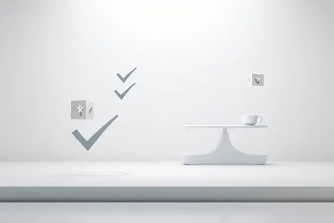 Composição 3D conceitual com elementos de checklist e balança digital representando planejamento de compra.