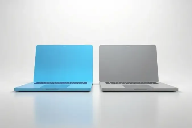 Renderização 3D conceitual comparando Chromebook e notebook tradicional com design minimalista e cores distintas