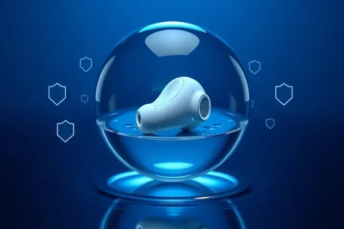 Render 3D conceitual de fone de ouvido sem marca dentro de gota de água cristalina representando classificação IP e resistência a líquidos.