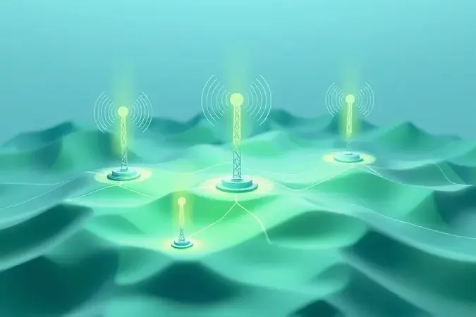 Representação abstrata de torres de sinal 5G distribuídas em terreno estilizado simbolizando cobertura de rede