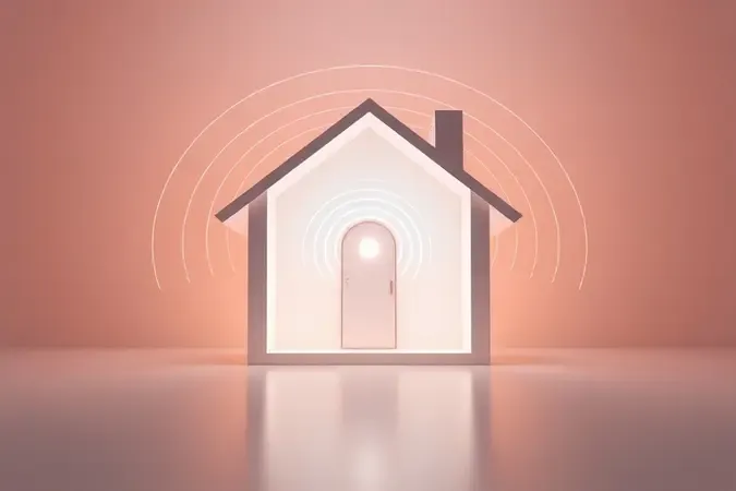 Renderização 3D de silhueta de casa com ondas de sinal WiFi concêntricas representando cobertura de rede em toda a residência