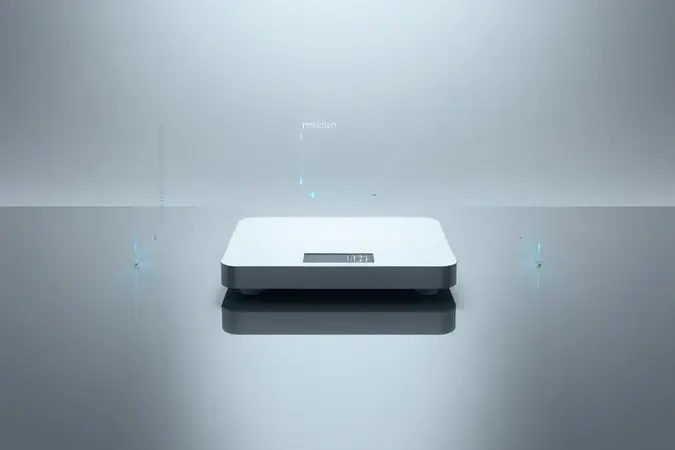 Render 3D conceitual de balança digital com elementos abstratos de precisão representando processo de calibragem.