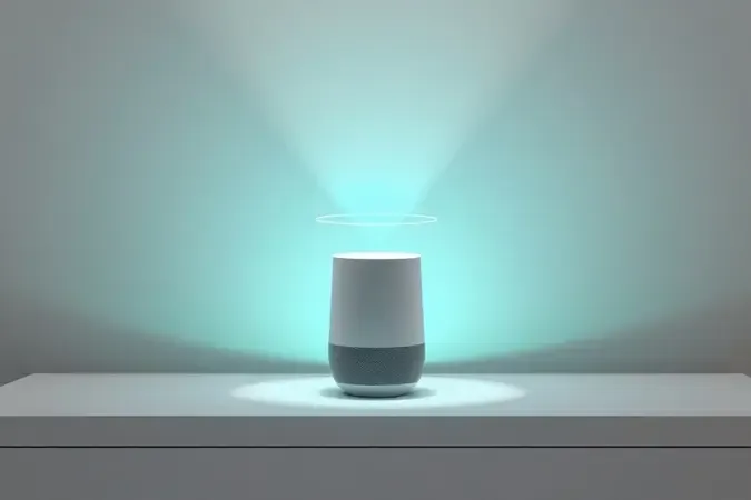 Renderização 3D conceitual de configuração de smart speaker com indicadores luminosos representando conectividade e pareamento.