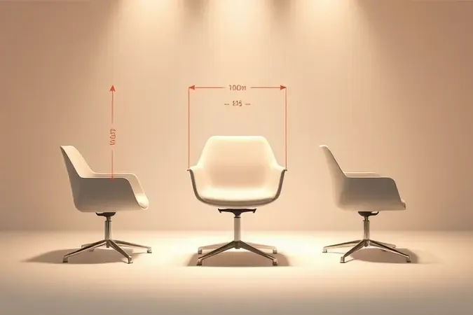 Render 3D conceitual mostrando processo de escolha de cadeira ideal com formas geométricas abstratas e indicadores ergonômicos