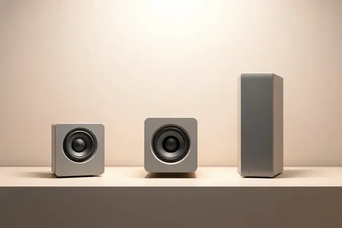 Conceito 3D abstrato representando diferentes tipos de caixas de som para PC em superfície minimalista.