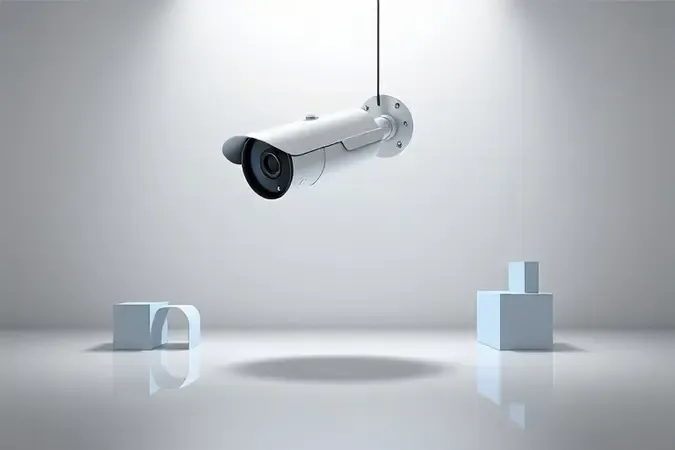 Conceito 3D de câmera de segurança externa com elementos abstratos representando critérios de escolha.