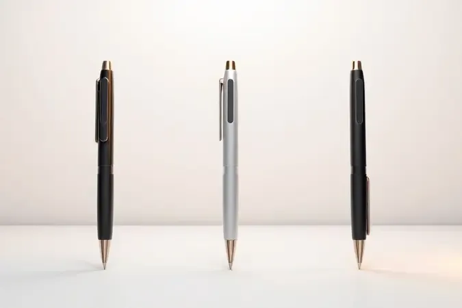 Render 3D com três canetas 3D de diferentes formatos ergonômicos dispostas em composição comparativa moderna.