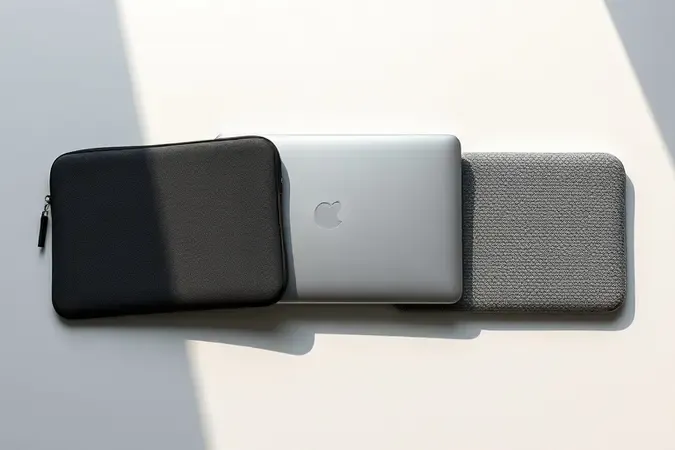 Três capas para notebook de diferentes materiais e texturas em composição conceitual minimalista com renderização 3D premium.