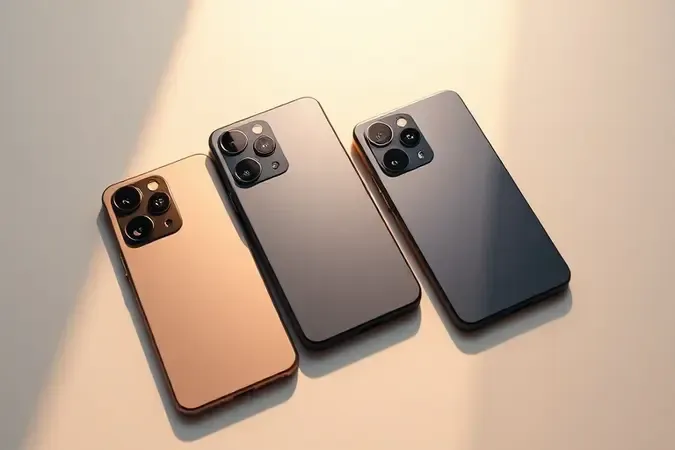 Render 3D de smartphones genéricos lado a lado representando escolha e comparação de câmeras com iluminação suave.