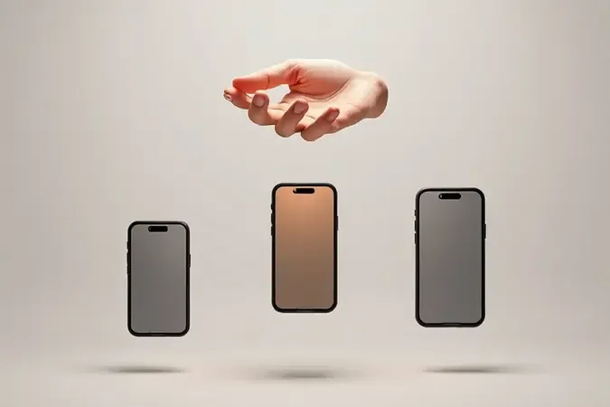 Render 3D conceitual de silhuetas de smartphones flutuando com destaque iluminado para o modelo compacto representando escolha.