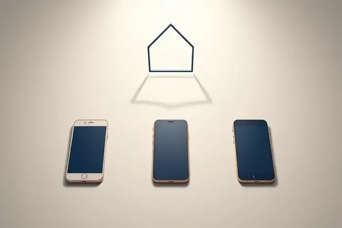Cena conceitual 3D de três smartphones lado a lado representando o processo de escolha e comparação de modelos.