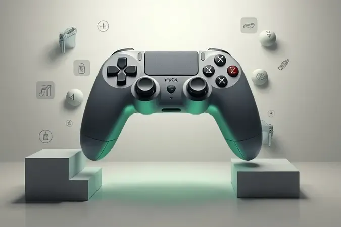Renderização 3D conceitual de controle genérico com elementos abstratos representando critérios de escolha para Xbox