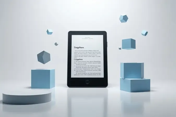 Conceito 3D de e-reader com formas geométricas abstratas representando características e especificações a avaliar.