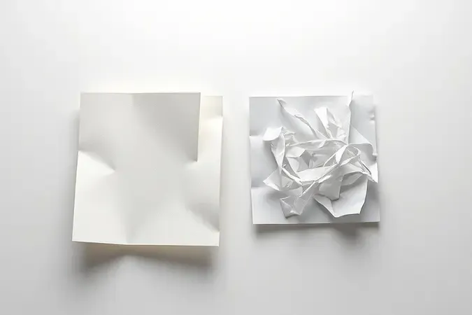 Ilustração conceitual 3D mostrando critérios para escolha de fragmentadora de papel com amostras de diferentes tipos de corte em composição clean.
