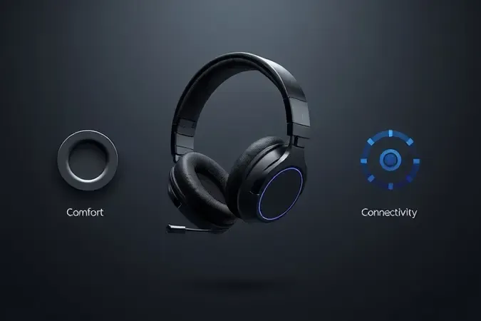 Render 3D conceitual de headset gamer rodeado por formas geométricas abstratas que representam critérios de escolha como conforto e áudio.
