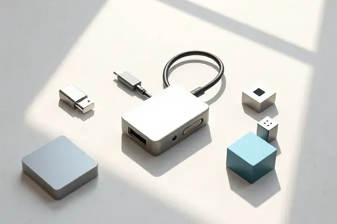 Renderização 3D destacando portas e conexões de hub USB-C moderno para guia de escolha e avaliação.