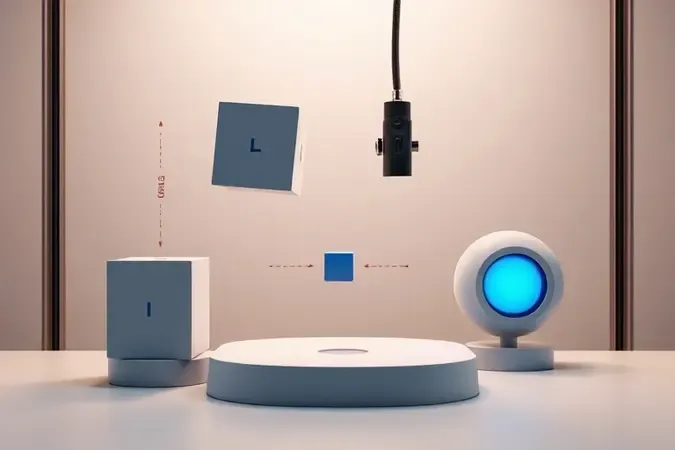 Composição conceitual 3D com elementos de impressora 3D e cubos de calibração flutuando em ambiente minimalista.