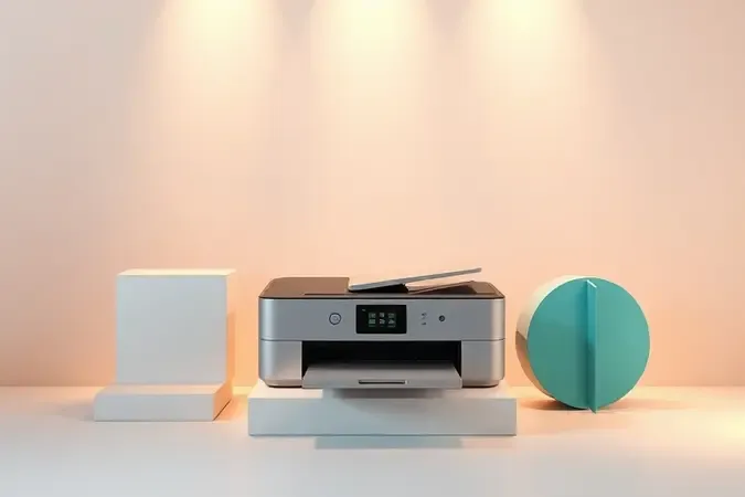 Cena 3D conceitual de análise custo-benefício para escolha de impressora, com formas abstratas simbolizando equilíbrio entre preço e qualidade.
