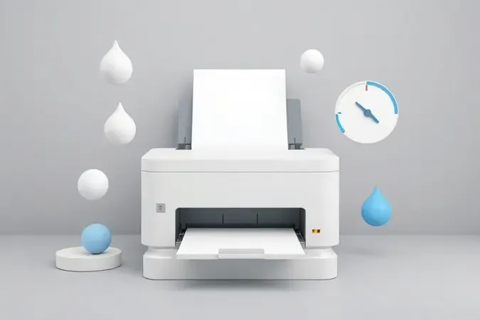 Composição conceitual 3D com elementos representando critérios de escolha de impressora para escritório, como papel, tinta e velocidade.