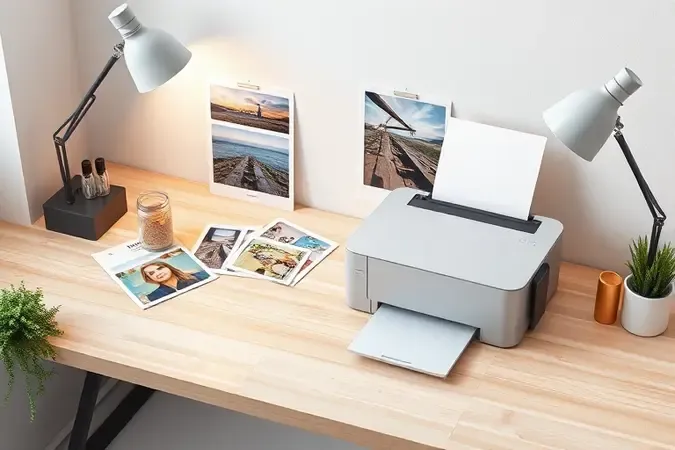 Ambiente de trabalho minimalista com amostras de papel fotográfico e impressora para apoiar a escolha ideal.