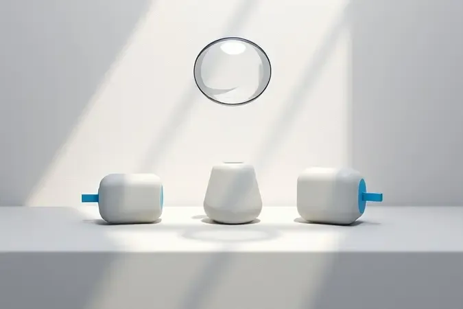 Composição 3D conceitual com formatos abstratos de adaptadores Bluetooth e lupa simbolizando escolha e comparação de modelos.