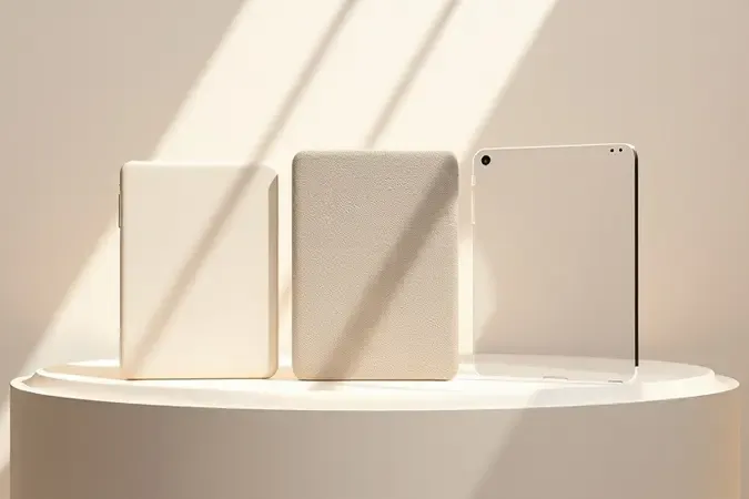 Cena conceitual 3D com diferentes opções de capas para tablet exibindo acabamentos variados em composição moderna e limpa.