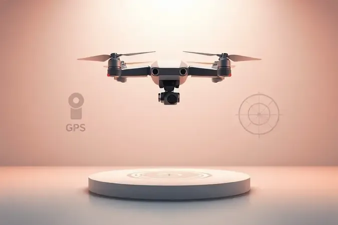 Conceito 3D de drone flutuando sobre superfície limpa com formas geométricas abstratas representando critérios de escolha como câmera e bateria