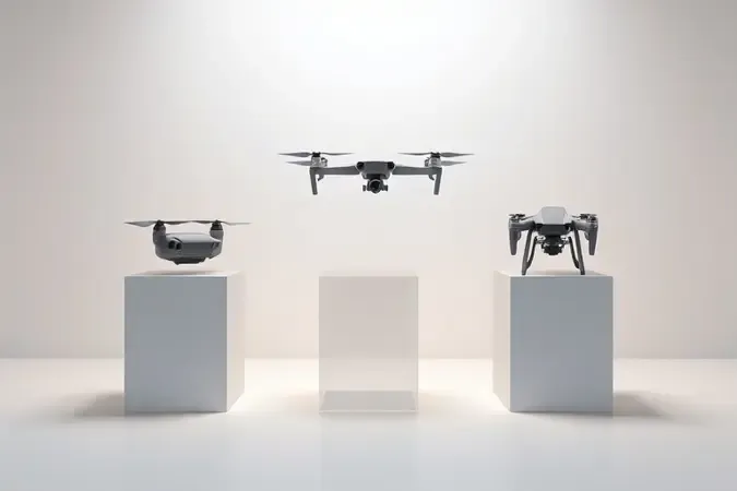 Renderização 3D mostrando três drones conceituais em pedestais flutuantes representando a escolha do drone ideal para iniciantes.