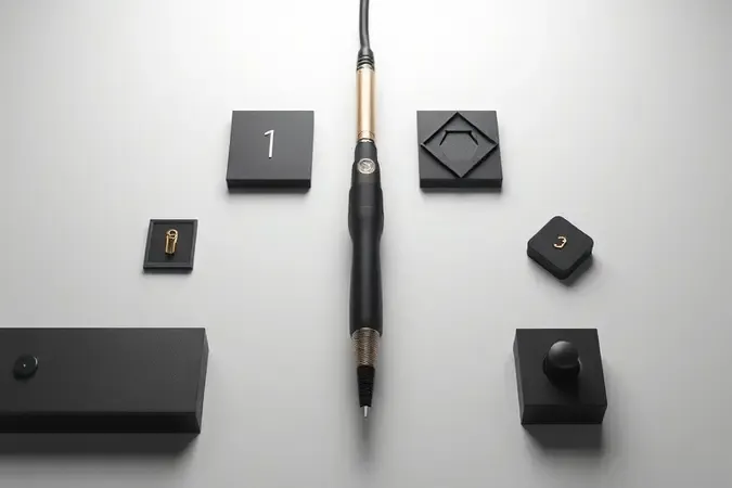 Renderização 3D de ferro de solda sobre superfície limpa com elementos abstratos representando critérios de escolha como potência e controle de temperatura.