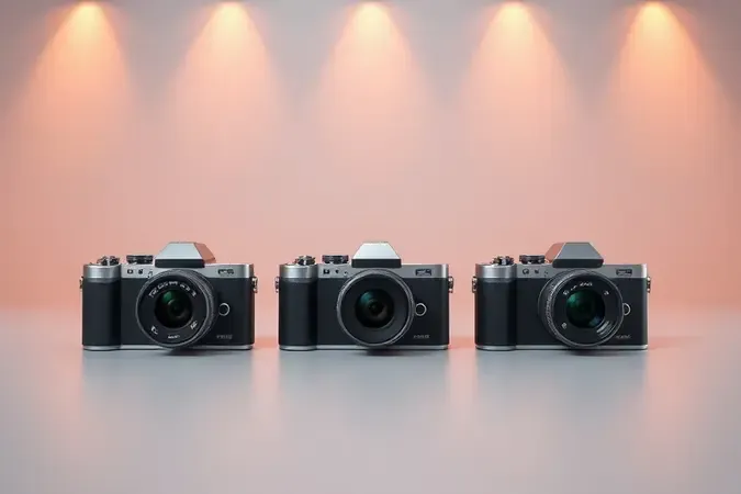 Render 3D de três câmeras de ação lado a lado representando escolha e comparação de modelos