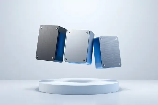 Representação conceitual 3D de volumes geométricos de diferentes tamanhos flutuando, simbolizando opções de capacidade para HDs externos.